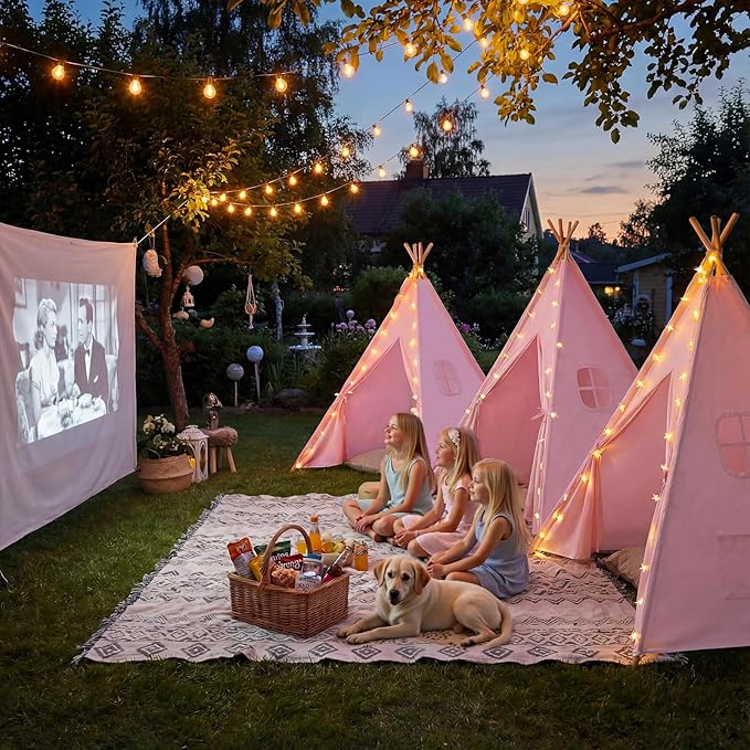 Wilwolfer 2 Pack Teepee Tent for Kids Slumber Party with Lights, Indoor Sleepover Play Tents for Girls, Foldable Toddler Playhouse for Sleepover Parties, Pink