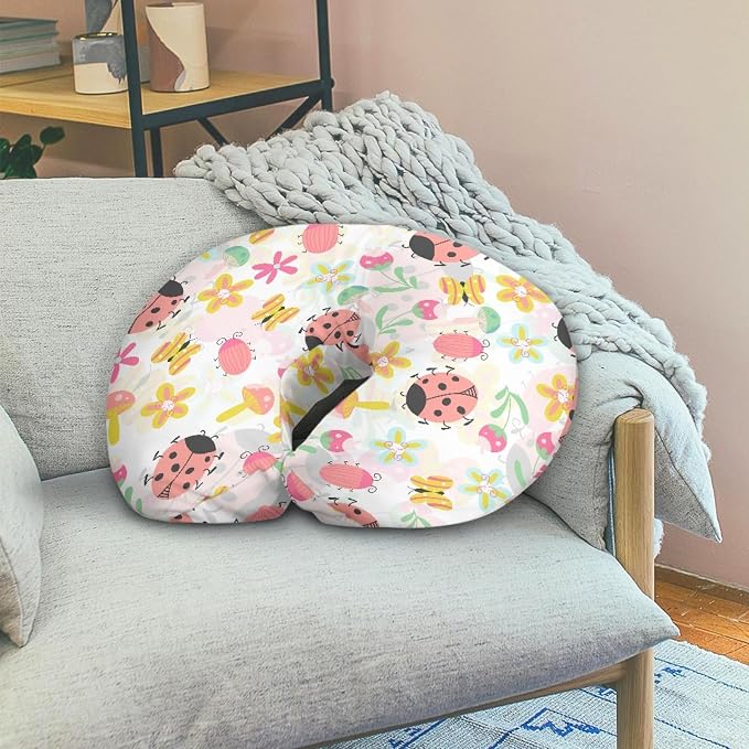 Forchrinse Pink Ladybug Floral Nursing Pillow Cover for Baby Girls Soft Ladybug Breastfeeding Pillow Cover Washable Infant Feeding Cushion Cover, Medium