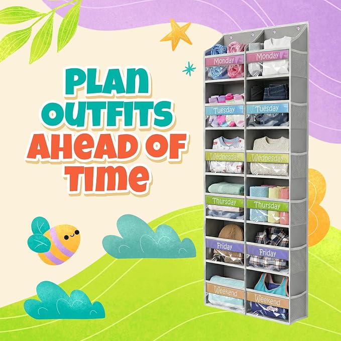 Housables Weekly Clothes Organizer for Kids, Days of the Week Clothes Organizer, Kids Closet, Daily Outfit Storage, Monday through Friday Clothing, Weekday, M-F, School, Hanging, Over Door, 12 Shelf