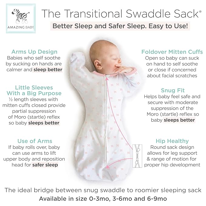 Amazing Baby Transitional Swaddle Sack, Arms Up Half-Length Sleeves & Mitten Cuffs, Swaddle for Newborn Transition to Baby Sleep Sack Wearable Blanket, Small, 0-3 month, 6-14 lb, Pink Tiny Bows