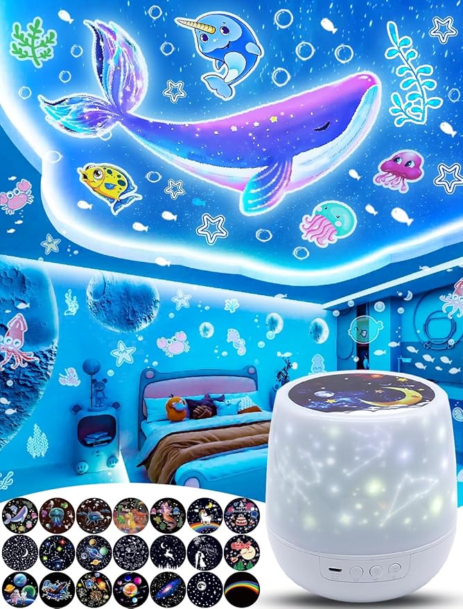Night Light for Kids + 21 Sets of Films, Projector Night Light for Kids Bedroom, Ceiling, Star Galaxy Projector for 3-14 Years Old Baby Girls with 360° Rotation for Birthday, Christmas, Room Decor