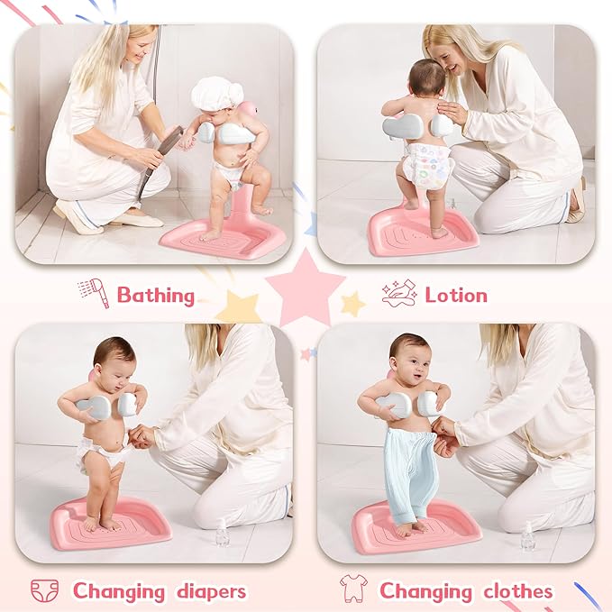 JUNEU Baby Shower Stand, Adjustable Height Baby Bath Stand with Enlarged Anti-Slip Base, Toddler Shower Standing Support, Soporte para Bañera de Bebe, Ideal Gift for Infant 6??6 Months (Pink Duck)