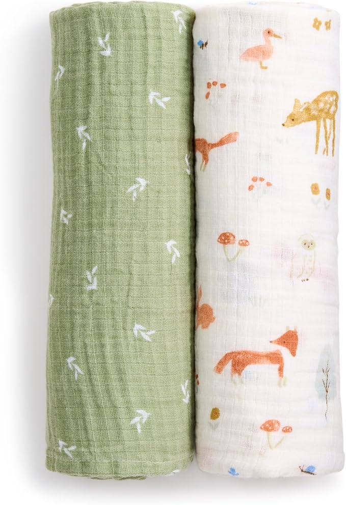 aden + anais Essentials Cotton Muslin Swaddle, Breathable Baby Blanket, Ideal for Boys, Girls, Newborns, Babies & Infants, Receiving Blanket, Soft and Lightweight Wrap, 2 Pack, Sage Woodland