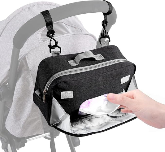TRENDPLAY Small Diaper Bag, Mini Stroller Organizer Caddy with Wipe Pockets Caddy Parent Console with Stroller Straps Fit All Strollers, Black