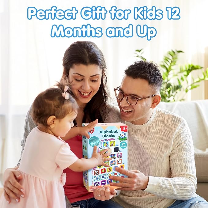 PLAY ABC Building Blocks for Toddlers 1-3, 28 PCS Plastic Baby Alphabet Letters Number Stacking Blocks Set, Preschool Learning Educational Montessori Sensory Toys Gifts for Kids Girls Boys
