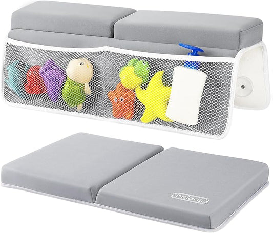 beiens Bath Kneeler and Elbow Rest Pad Set - 1.5'' Comfortable Baby Bath Kneeler Pads, Thick Quick Dry Kneeling Pad Support for Knee& Arm, Large Bathtub Mat with Toy Organizer for Happy Baby Bath Time