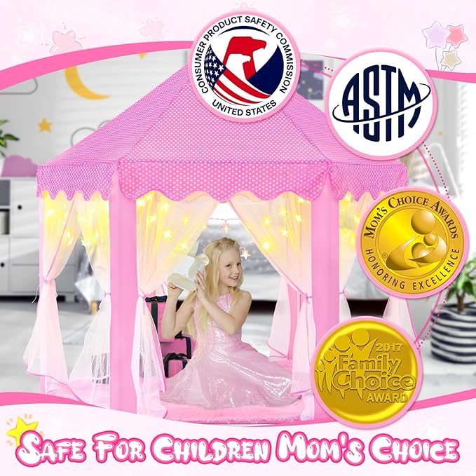 Princess Tent for Girls Age 4-7 with Star Lights, Kids Play Tent for Girls Indoor, Castle Playhouse Tent for Toddlers, Pink Princess Toy Tent 55x53 inch