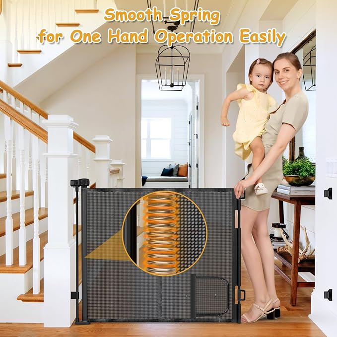 Reinforced 60” Wide Retractable Baby Gate with Cat Door 33” Tall Retractable Pet Gates with Reinforced Strips Mesh Dog Gate with Cat Door Mesh Gates for Kids or Pets Cats Can in and Out Freely,Black