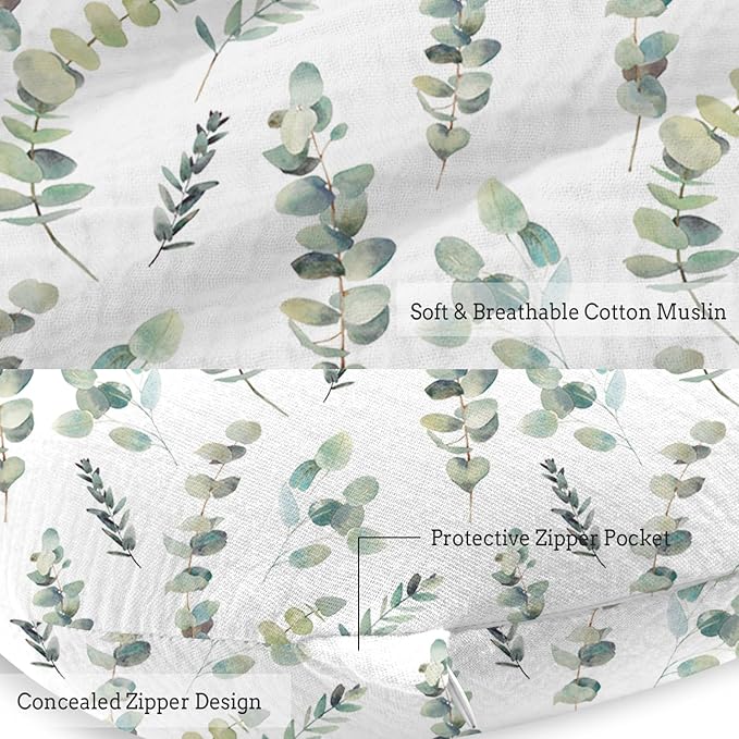 Little Grape Land Muslin Nursing Pillow, Soft 100% Cotton Breastfeeding Pillow with Breathable Removable Cover, Green Leaves Breast Feeding Pillows for Babies 0-12 Months with Protective Zipper