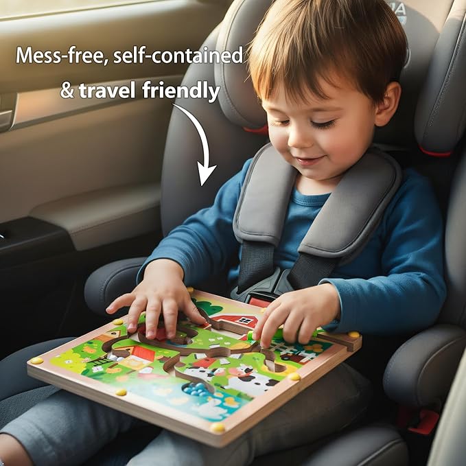 QimuMku Magnetic Color & Number Maze Farm Montessori Wooden Activity Board for Toddlers 1–5 Counting & Matching Game Fine Motor Skills Toy for 2 3 4 Year Old Boys Girls Road Trip Essentials