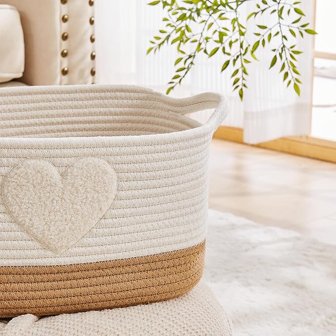 Woven Baskets, 3-Pack Storage Basket for Living Room, Bedroom, Nursery, Stylish Gift Basket with Handles, Cotton Rope Basket for Toys and Shelves, Multi-Purpose Organizer, Heart