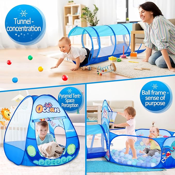3 in 1 Kids Play Tent with Play Tunnel, Ball Pit, Toddler Pop Up Playhouse Toy for Baby Indoor Outdoor