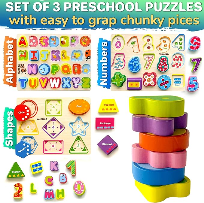 QUOKKA Wooden Puzzles for Toddlers 2-4 - Chunky Toddler Puzzles Ages 3-5 - Learning Travel Game with Numbers Alphabet Shapes - Wood Educational Gift for Boys and Girls