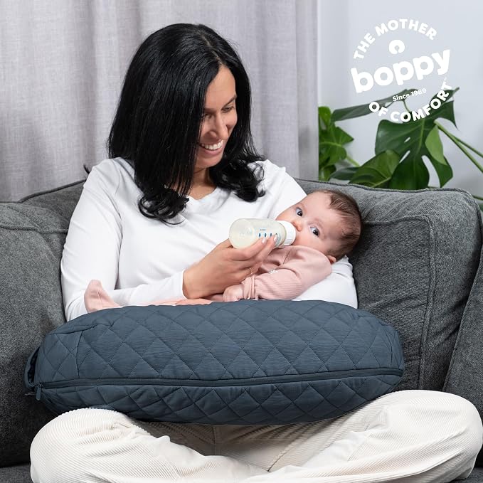 Boppy Nursing Pillow Luxe-Ergonomic Bottle & Breastfeeding Pillow with High Lift & Firm Support-Water-Resistant with Washable Premium Fabric Cover-Baby Safety Alliance Verified-Quilted Slate Blue