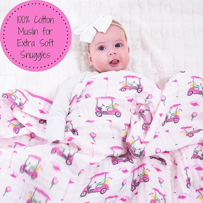 LollyBanks Muslin Baby Blanket, 100% Cotton Baby Quilt for Girls, Large 47 x 47 Inches, 6 Layers Soft and Breathable Toddler Blanket, Cozy Newborn Nursery Blankets, Registry (Pink Golf Print)