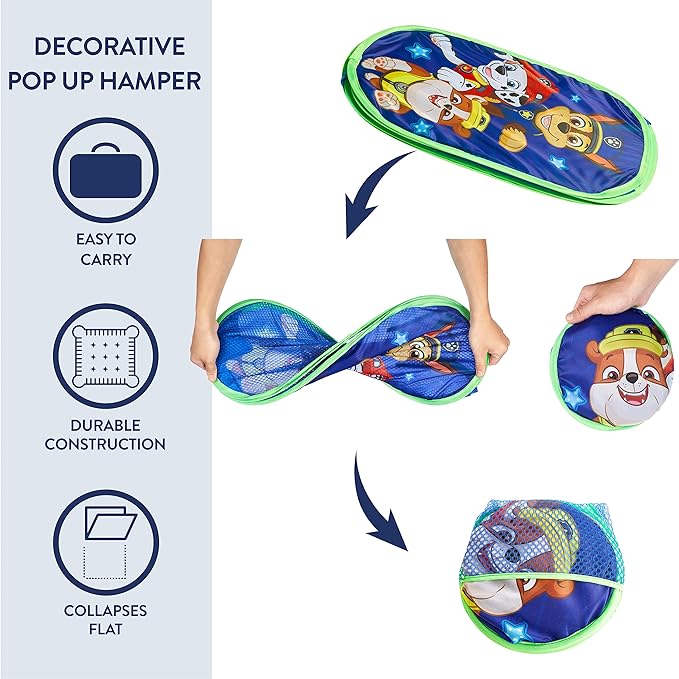 Paw Patrol 4-Piece Kids Storage Set with Pop-Up Hamper, Collapsible Toy Trunk & 2 Nestable Bins, Bedroom & Playroom Organizer
