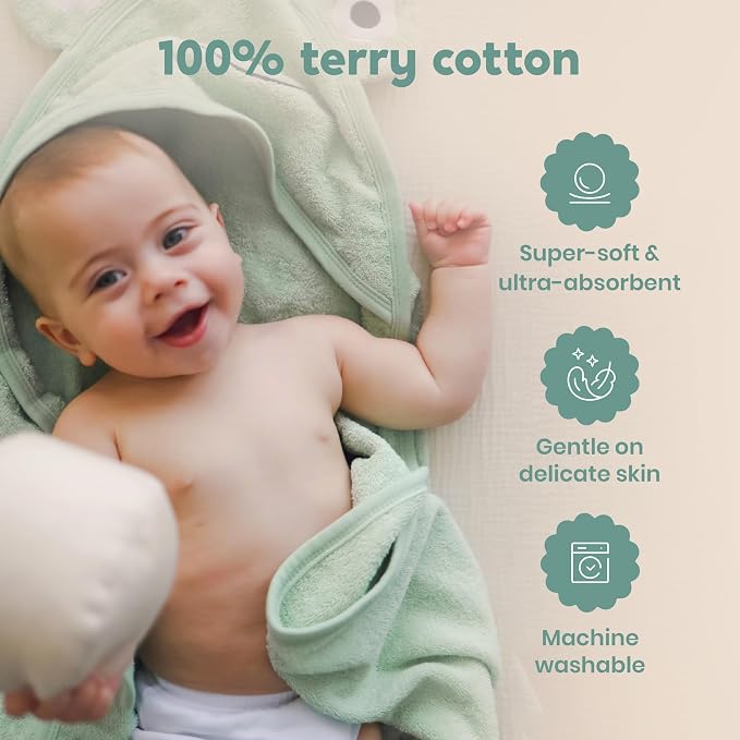 CuddleBug Hooded Baby Bath Towel & Washcloth Set (Bear) - 100% Cotton Terrycloth Hooded Baby Towels for Newborn & Toddler - Super-Soft & Absorbent, Newborn Essentials (33" x 33") - Sage Green