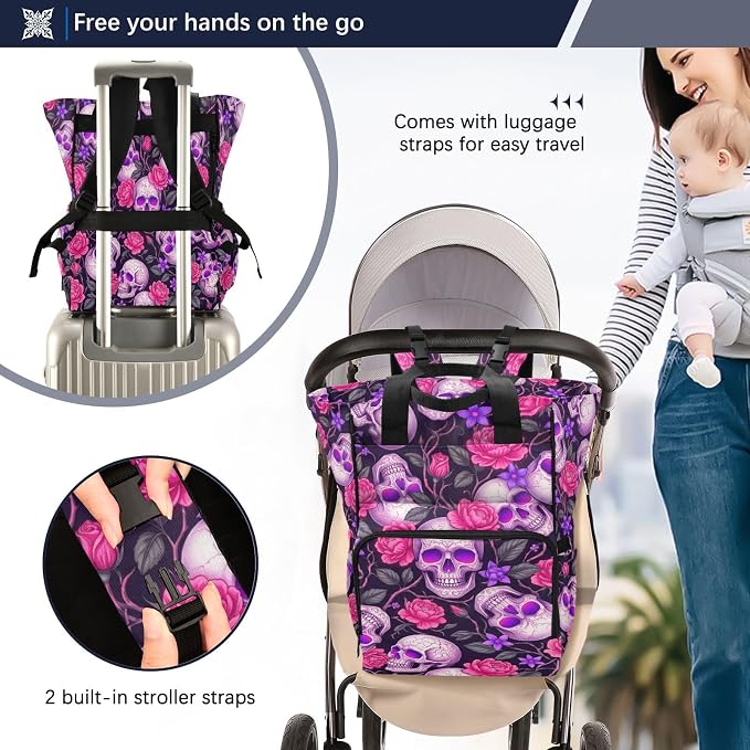 Neon Purple Skull Diaper Bag – Stroller Straps, Unisex Gift for Mom Dad