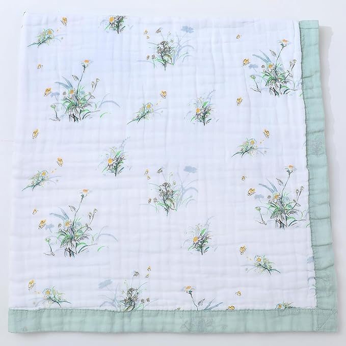 Jay & Ava Soft Cotton Muslin Blanket 42' x 42', Toddler Baby Crib Blanket - 4 Layers - Green Daisy