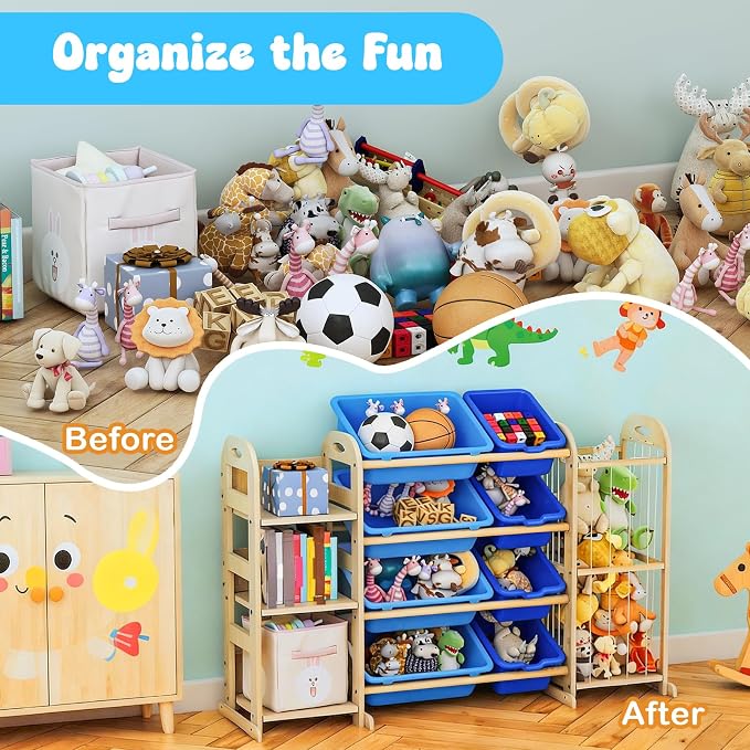 Toy Storage Organizer, Toy Organizers and Storage with Stuffed Animal Storage, Kids Toy Storage Shelf with 3 Shelves 8 Storage Bins, Kids Bookshelf, Toy Holder for Playrooms, Bedrooms, Blue