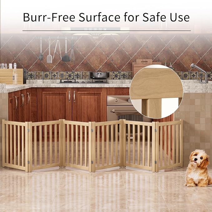 6-Panel Solid Wood Dog Gate - Freestanding Folding Pet Gate for Doorways, Stairs, Indoor, 24" Height, No Installation Needed, Natural Wood