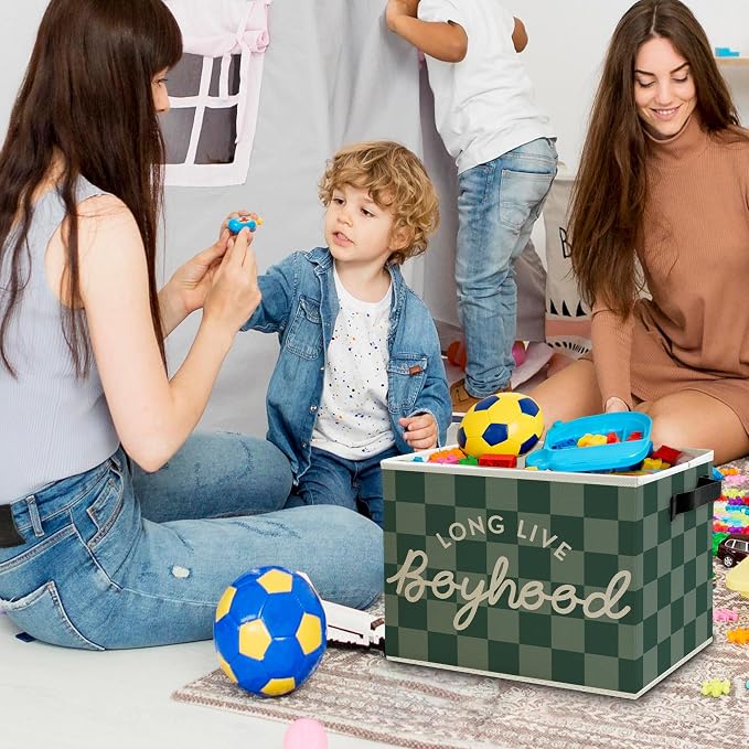 Long Live Boyhood Boys Storage Bins Box with Handles, Green Checkered Pattern Collapsible Basket Organizer for Kids Teen Boy Nursery Room Bedroom Bathroom Playroom Toys Books Clothes