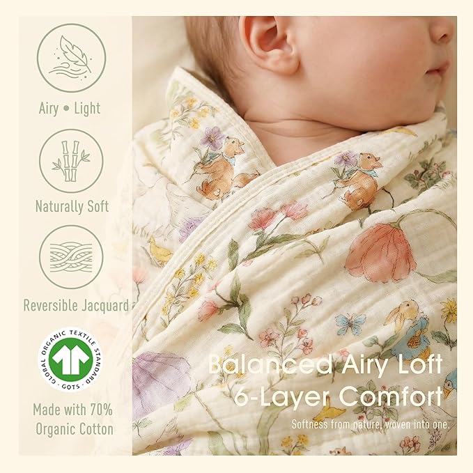 6-Layer Muslin Baby Blanket Made with Organic Cotton - Enchanting Woodland Garden,Swaddle & Crib Quilt, 43" x 43",Garden(Gender Neutral)