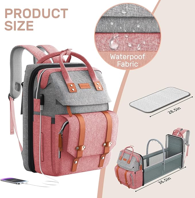 Diaper Bag Backpack with Changing Station, Large Diaper Bag, Multifunctional Diaper Bag, Baby Bag, PinkGray