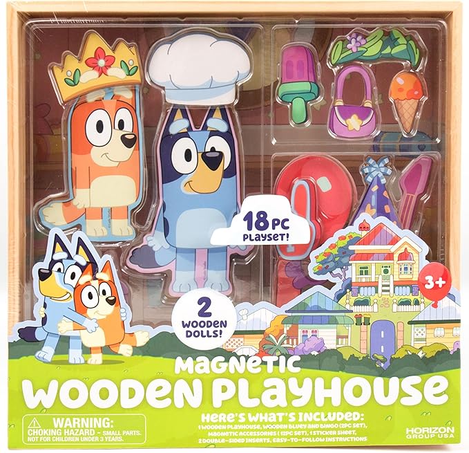 Horizon Group USA Bluey Magnetic Wooden Playhouse, 18 Piece Activity Set, Includes 2 Wooden Dolls House, Great Toys for Kids, Fun Birthday Party Activity, House Playset