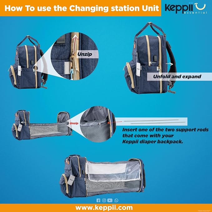 keppii essential™ 3-in-1 Diaper Backpack – Waterproof, USB Port, 16 Pockets & Changing Station | CPC Certified (Black)