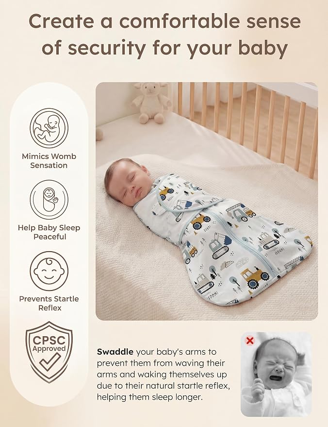 Unnivoll Newborn Sleep Sack Swaddle 100% Cotton Baby Swaddle 0-3 Months, 3-Way Adjustable Wearable Blanket, TOG 0.5, 2 Pack for Baby Boy Girl White Green Excavator