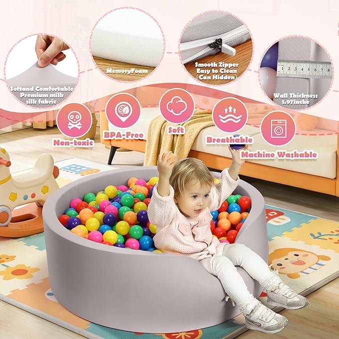 Foam Baby Ball Pit 35.4"x 11.8" for Toddlers, Soft Round Kiddie Playpen Ball Pool for Kids with Soft Memory Sponge for Babies Indoor Game(Balls not Included) Light Gray 35.4IN