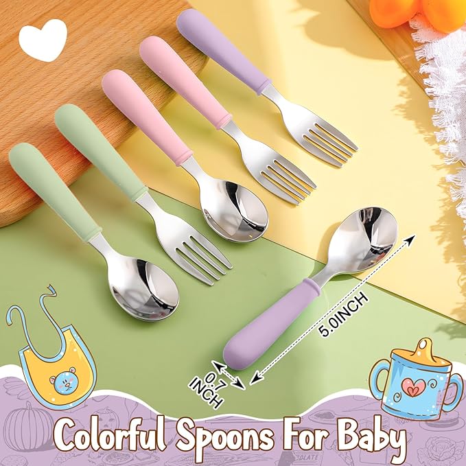 Teenyyou 3 Pack 8" Large Porcelain Toddler Plates Feeding Set, Ceramic Kids Suction Plates with Anti Slip Silicone Sleeve for Baby 3 Spoons and Forks Divided Kids (Green,Pink,Purple)
