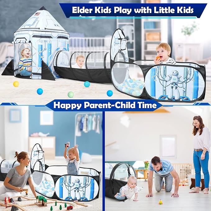 Rocket Ship Kids Play Tent: 3Pcs Toddlers Pop Up Ball Pit and Play Tunnel for Indoor Outdoor, Spaceship Baby Playhouse Toys for 1-3 Year Old Boys Girls (3 in 1 Kids Tent)