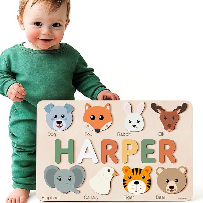 Cute Name Puzzle: Personalized with Name and Animals | 1st Birthday Gift, Wooden Toy Playful Learning Experience for Kids Ages 0-3: Handmade by Zuzu Puzzle, CPC Certified