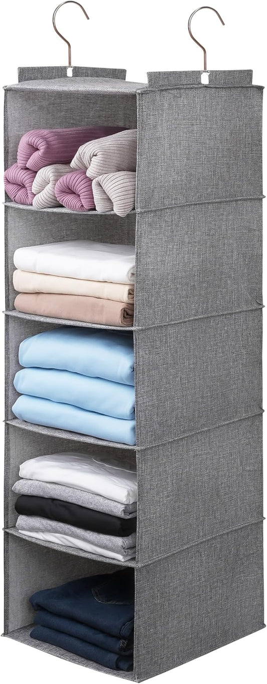 Large Hanging Sweater Organizer for Closet,Collapsible 6-Shelf Hanging Closet Shelves with Drawers, Washable (Grey-5 Shelf)