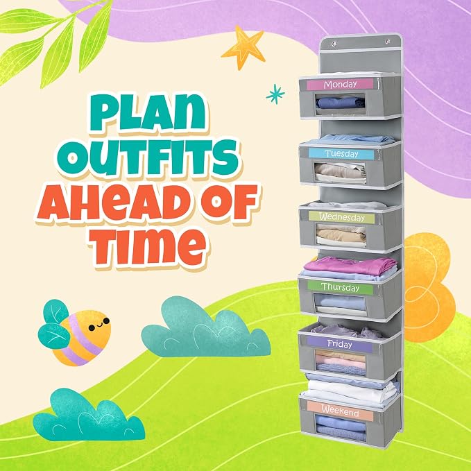Housables Weekly Clothes Organizer for Kids, Days of the Week Clothes Organizer, Kids Closet, Daily Outfit Storage, Monday through Friday Clothing, Weekday, M-F, School, Hanging, Over Door, 6 Shelf