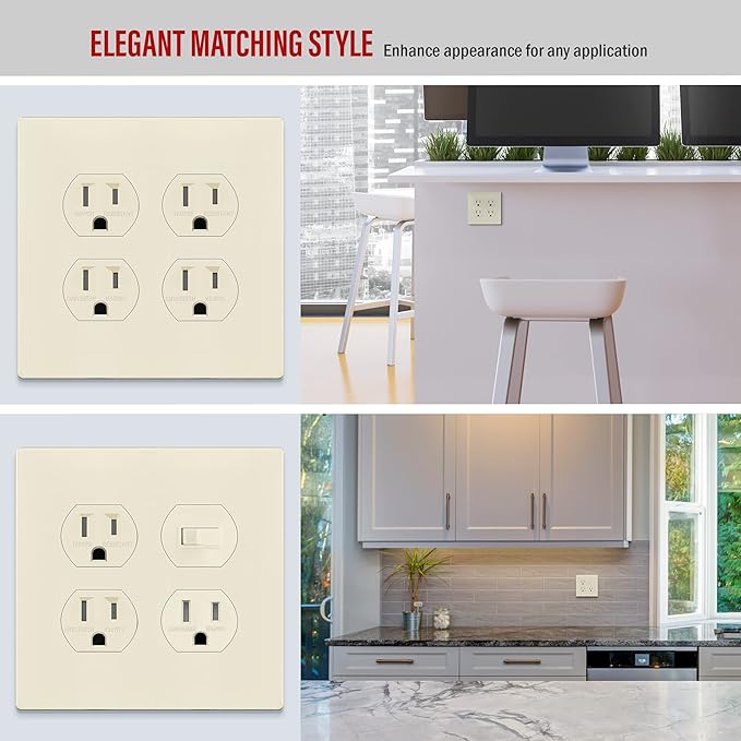 ENERLITES Screwless Duplex Wall Plate, Child Safe Double Receptacle Outlet Cover, Size 2-Gang 4.68" x 4.73", Unbreakable Polycarbonate Thermoplastic, UL Listed, SI8822-LA, Glossy, Light Almond