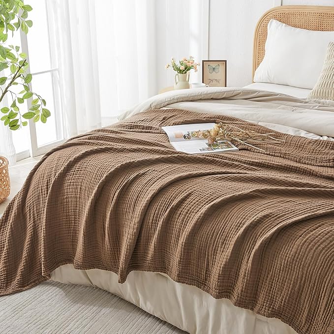 EMME Cotton Muslin Twin Blanket Breathable Gauze Blanket Soft Lightweight Blankets Adults Gifts for Women (Brown, 60"x80")