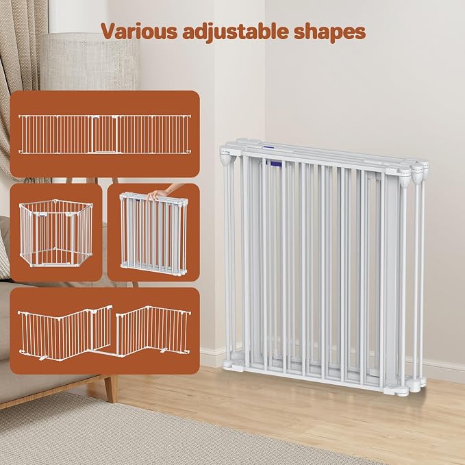 Kfvigoho Baby Gate 27.5"-129" Extra-Wide Playpen, Play Yard Child Safety Fence, Dog Gate with Auto-Close Door, Double Locking System for Fireplace, Foldable 5 Steel Panels, White