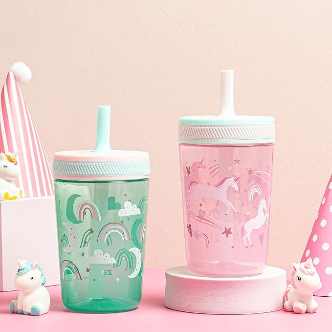 Zak Designs Kelso Toddler Cups For Travel or At Home, 15oz 2-Pack Durable Plastic Sippy Cups With Leak-Proof Design is Perfect For Kids (Fanciful Unicorn, Happy Skies)