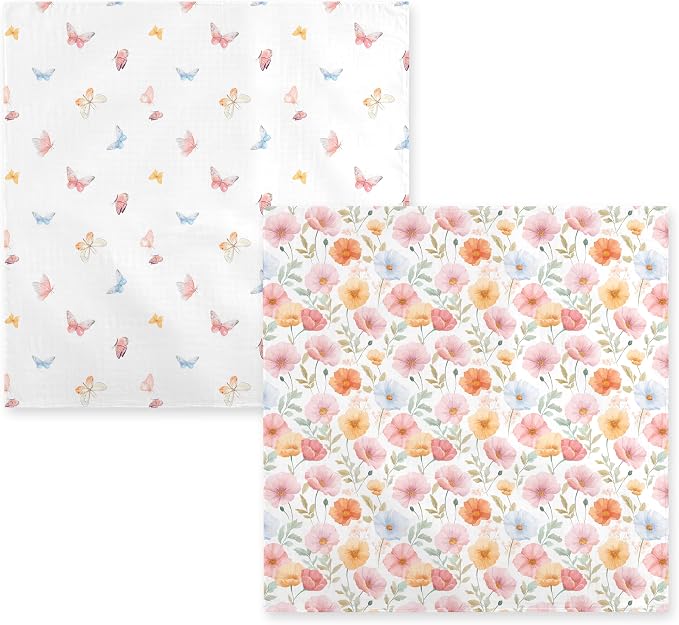 2-Pack Muslin Swaddle Blankets 47x47-100% Cotton Breathable Receiving Blankets for Newborn Baby, Soft Swaddling Wraps, Sunny Flutter & Bloom