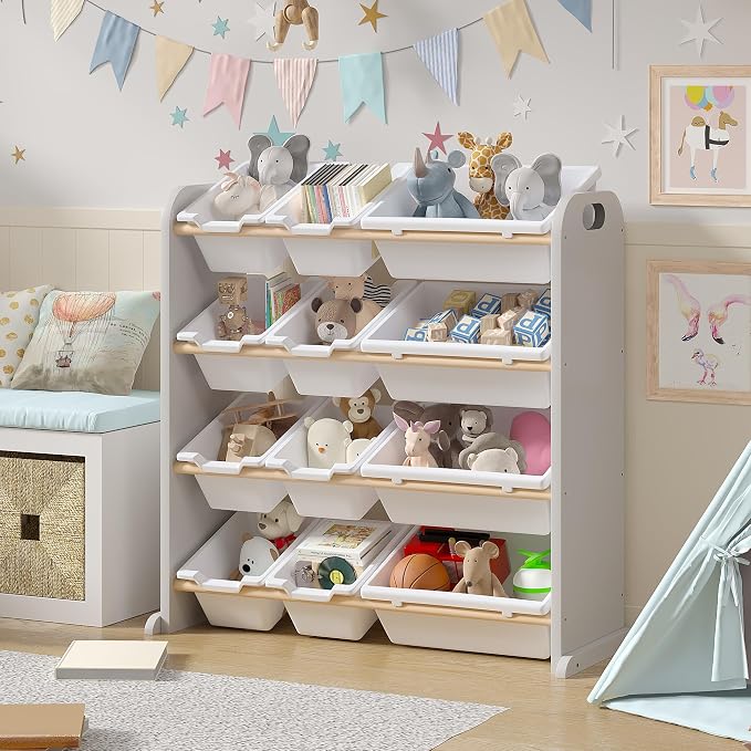 VECELO Kids Bookshelf Toy Storage with 12 Bins, Wooden Toy Rack for Toddlers, Large-Capacity Playroom Storage for Books, Toys, and Stuffed Animals, Grey