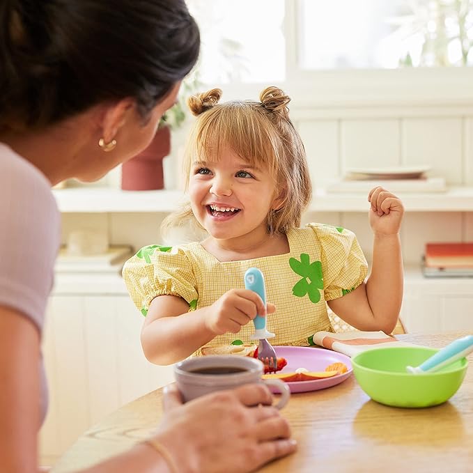 Munchkin® Raise??Toddler Fork and Spoon Utensil Set, Rest Keeps Tip Off Table, BPA Free, 4 Pack, Blue/Green