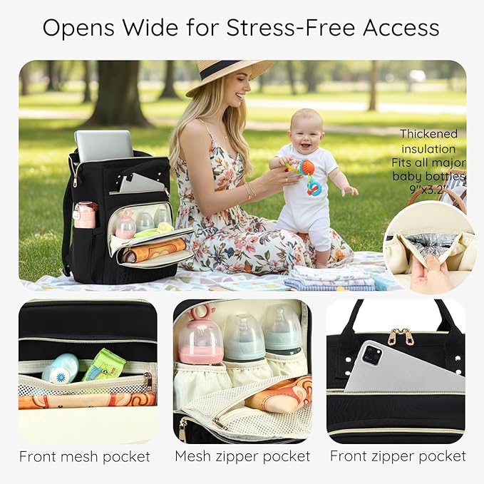 AIJIEKE Diaper Bag, Large Wide-Open Baby Diaper Backpack, Multi-functional Baby Travel Tote Bag, Diaper Bag with Changing Pad, Diaper Bags for Mom & Maternity (Black)