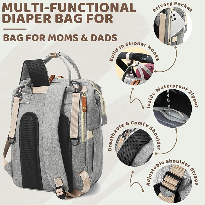 Diaper Bag Backpack for Girls Boys: Gray Toddler Diaper Bag with Changing Pad Baby Backpack Diaper Bag for Mon Dad Newborn Cute Mochila Pañaleras para Bebe Niña Niño Baby Registry Search Essentials
