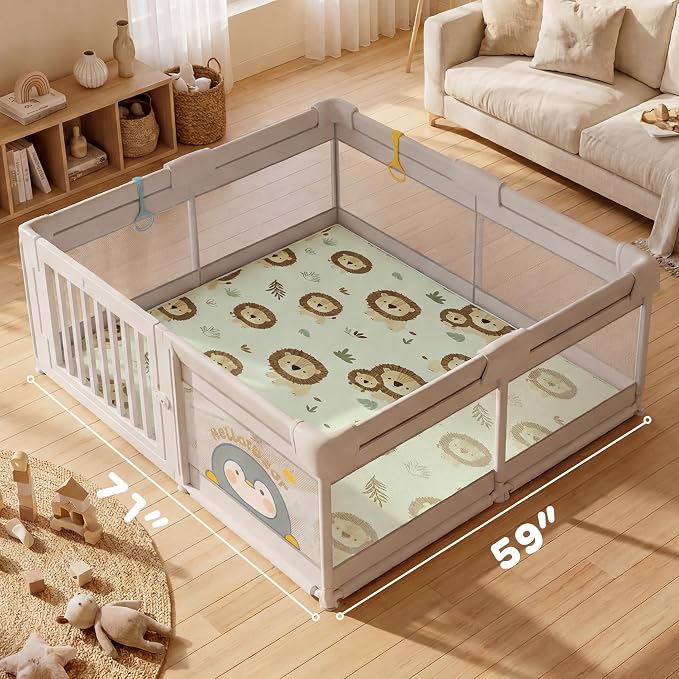 1.5" Thick Premium Baby Floor Play Mat, 71x59 Over-Sized Padded Memory Foam Mat, Tummy Time Crawling Playmat for Nursery Kids Playroom, Lion
