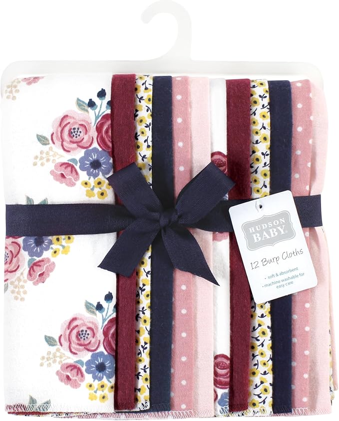 Hudson Baby Unisex Baby Cotton Flannel Burp Cloths Bundle, Blush Navy Floral, One Size