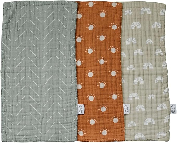 Mebie Baby Burp Cloths, Neutral Print 3-Pack, Muslin Burp Cloth Set for Spit Up, Drool, and More, Boho Burp Cloths for Baby Boy and Girl, Baby Must Haves for Registry