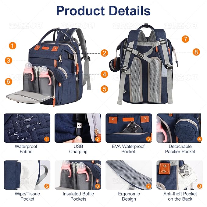 Diaper Bag Backpack with Changing Station and Toy Arch, 900D Waterproof Baby Travel Backpack for Mom and Dad, Large Capacity Maternity Bag with Insulated Pockets & USB Port, Blue